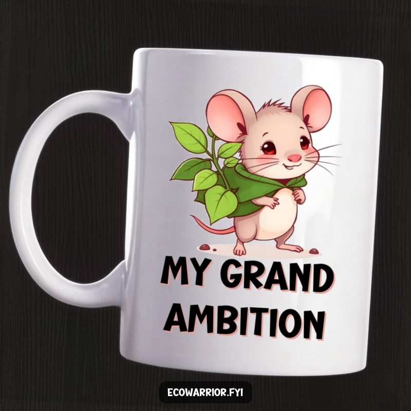 Funny mouse planter mug, determined mouse with leaf cape carrying a large seedling. Symbolizes growth and heroism. Perfect gift.