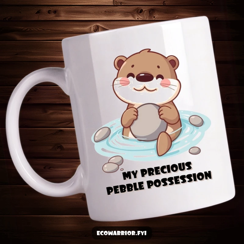 Funny mug featuring a joyful otter swimming in clear water, clutching a smooth stone, designed for otter and nature lovers.