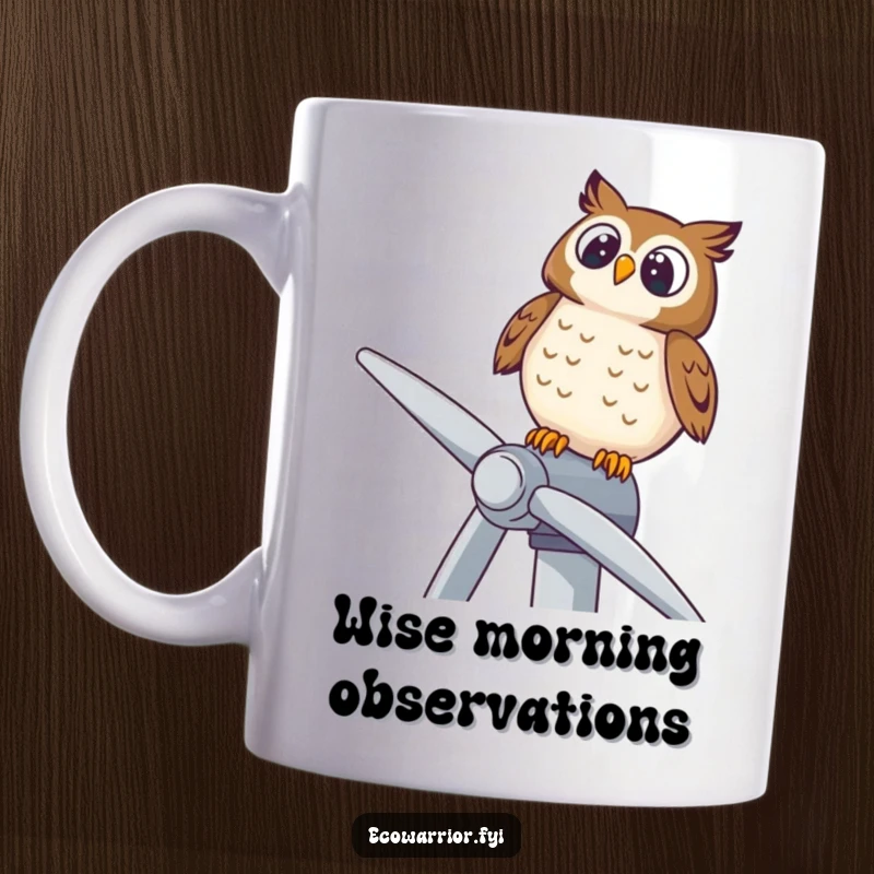 Funny mug showing a delighted owl perched atop a wind turbine, gazing upwards with wonder and appreciation.