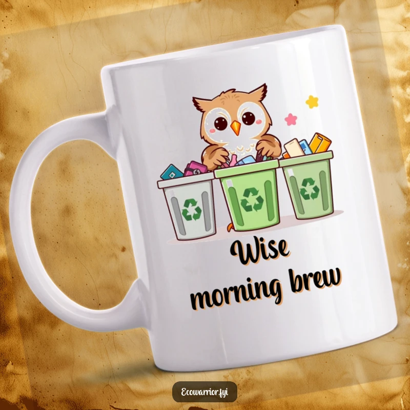 Funny Proud Owl Recycling Mug: A proud owl sorting recyclables with precision, ideal for eco-conscious individuals, a wise choice.