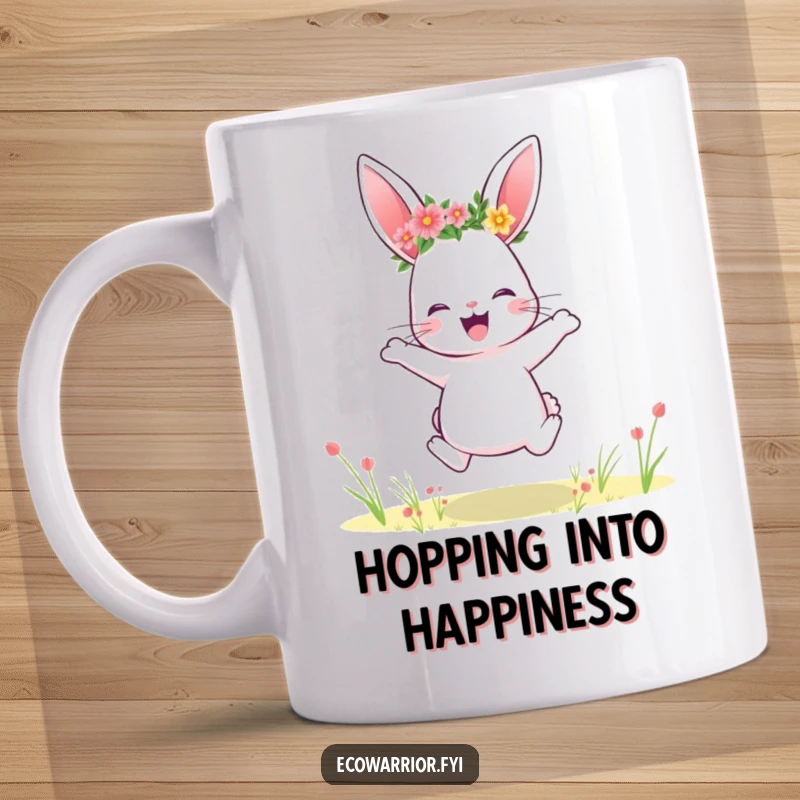 Funny rabbit mug, wearing a floral crown, joyfully jumping in a field, exuding pure happiness.