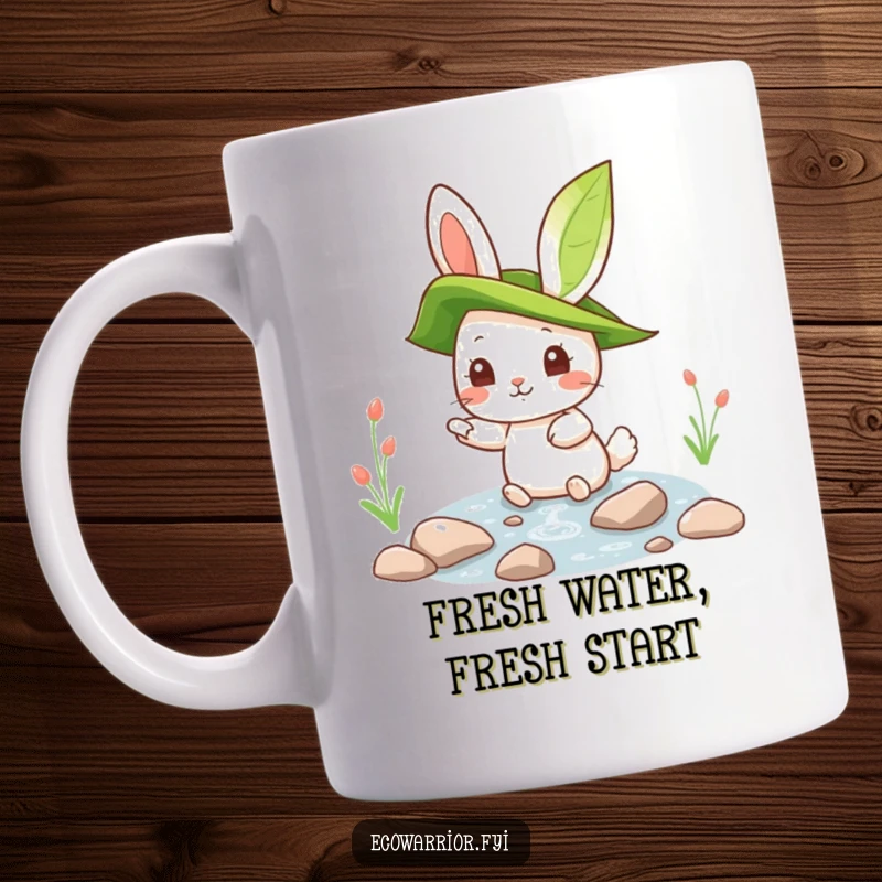 Funny rabbit with a leaf hat, pointing at a clean stream on a mug, conveying wonder and eco-appreciation humor.