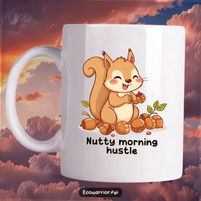 Funny Mug featuring a cheerful squirrel rapidly gathering a pile of acorns with intense focus.