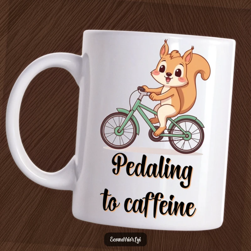 Funny Squirrel Mug: Playful squirrel smiling while riding a bicycle made of recycled materials, promoting sustainability, a great funny gift.