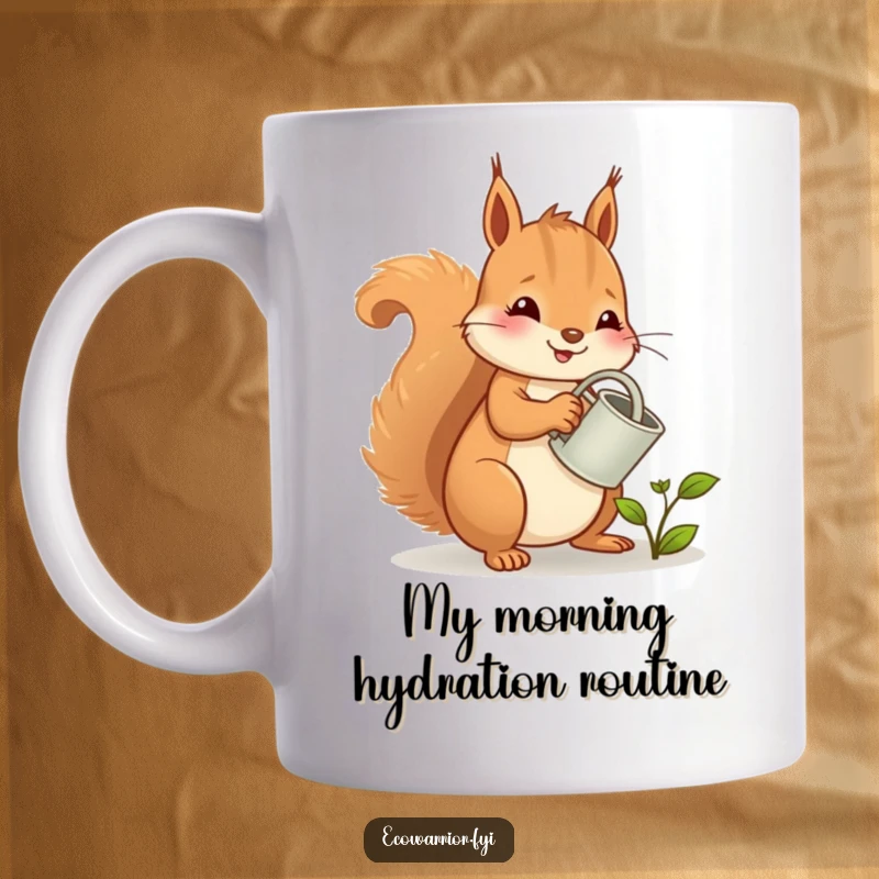 Funny squirrel mug with a cheerful expression, watering a tiny sprout with a miniature watering can, exuding gardening joy.