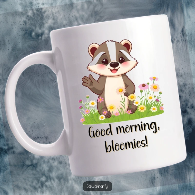 Funny mug featuring a friendly badger smiling and gesturing towards a field of blooming wildflowers, nature lover's gift.