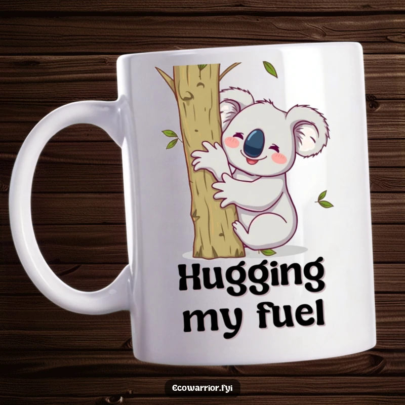Funny mug with a smiling koala hugging a sapling, raising one arm victoriously in a pose of environmental triumph.
