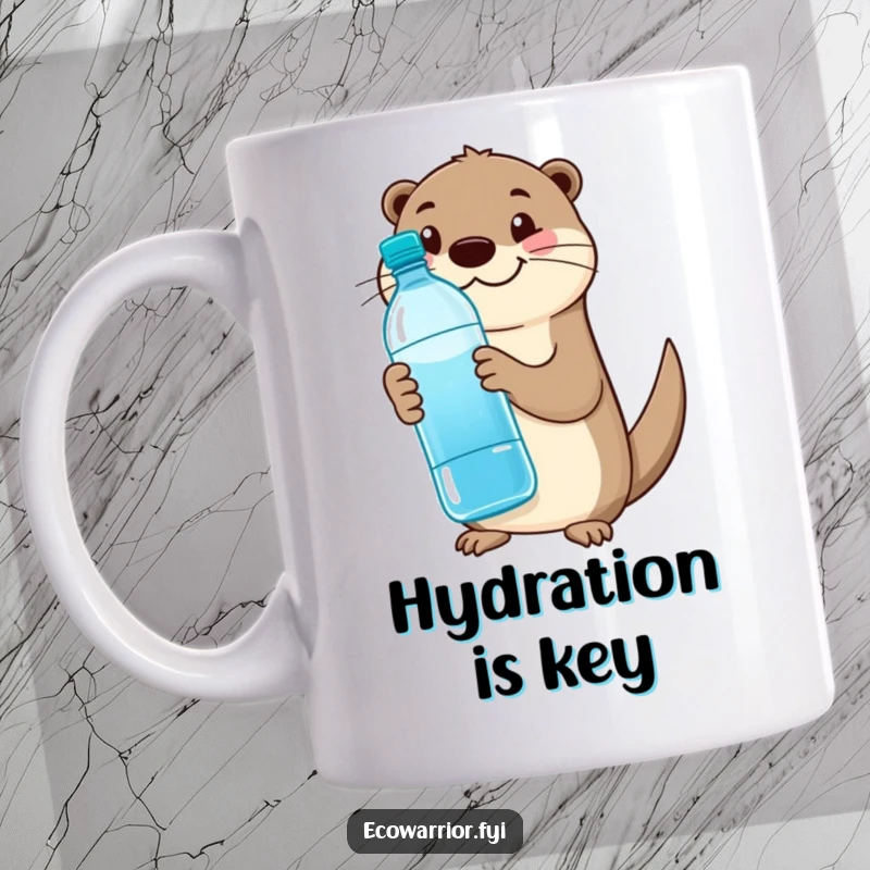 Funny otter mug featuring a happy otter with a reusable water bottle, giving a big thumbs up with a wide grin.