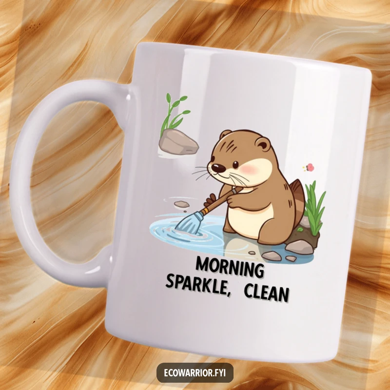 Funny mug featuring a diligent otter character with focused glee, cleaning a riverbank, celebrating neatness and nature.