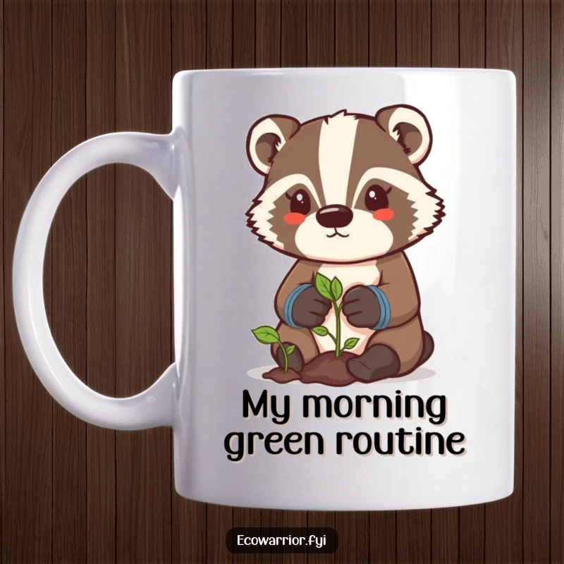 Funny badger gardener mug with a determined character wearing gloves, carefully tending to a small sprout for a humorous touch.