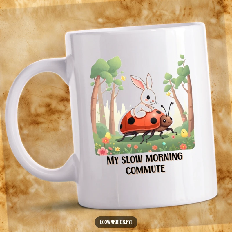 Funny Rabbit Mug with a curious rabbit riding a giant ladybug through a whimsical forest landscape.