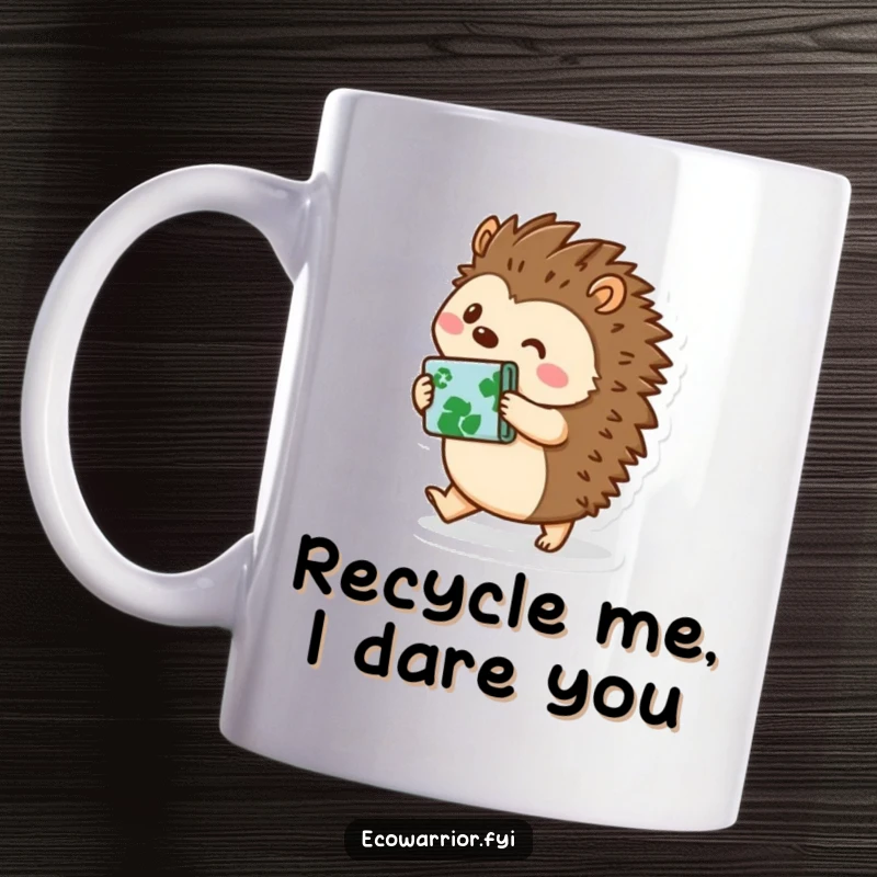 Funny hedgehog character happily carrying a bundle of recycled materials, showing environmental responsibility with a smile, perfect for eco-friendly mug lovers.