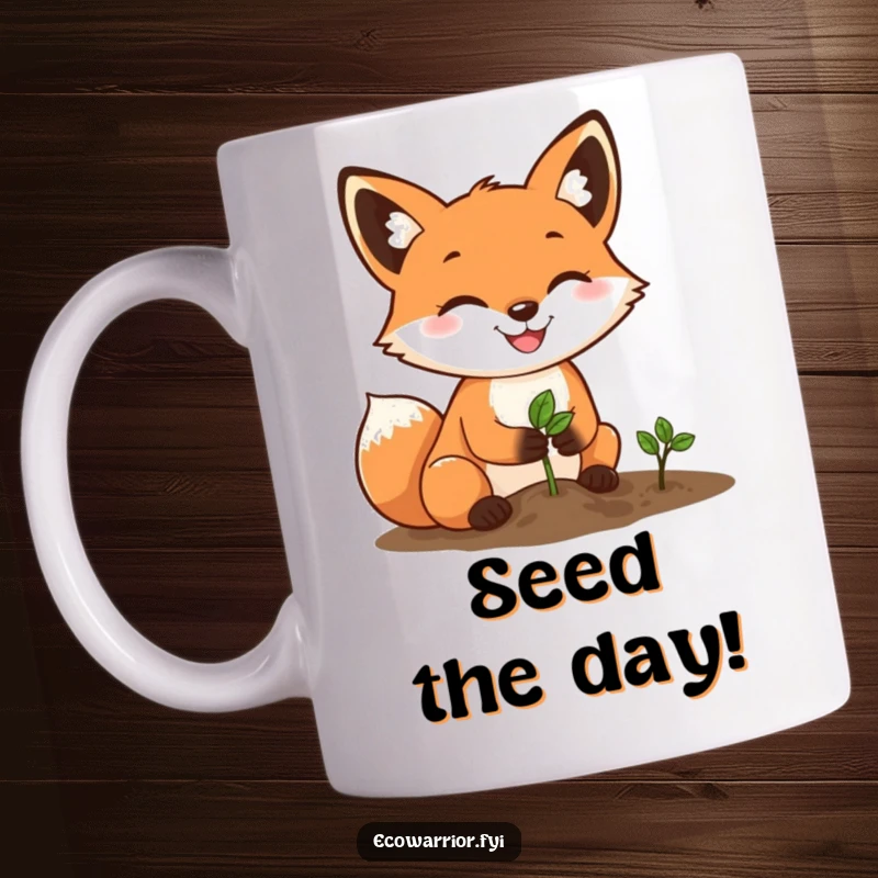 Funny Fox Gardener Mug: A happy fox with a determined grin plants a tiny seed in the soil, showing enthusiasm for growth.