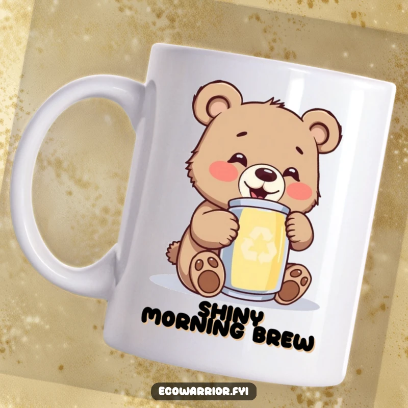 Funny bear cub mug showing a gleeful cub happily polishing a shiny recycled can, promoting eco-friendly joy and cleanliness.