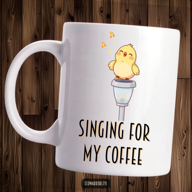 Funny mug featuring a happy bird singing merrily atop a solar garden light, embodying cheerful morning vibes, a delightful gift.