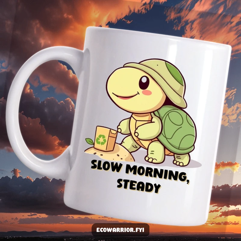 Funny mug featuring a smiling turtle pushing a recycled object uphill, symbolizing determination and eco-friendliness, a great gift.