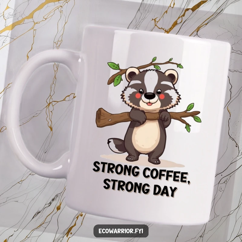 Funny mug featuring a strong badger character lifting a fallen branch, symbolizing strength and helpfulness with humor.