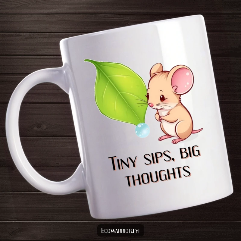 Funny mug showing a small, curious mouse intently examining a glistening dewdrop on a green leaf, a moment of tiny discovery.