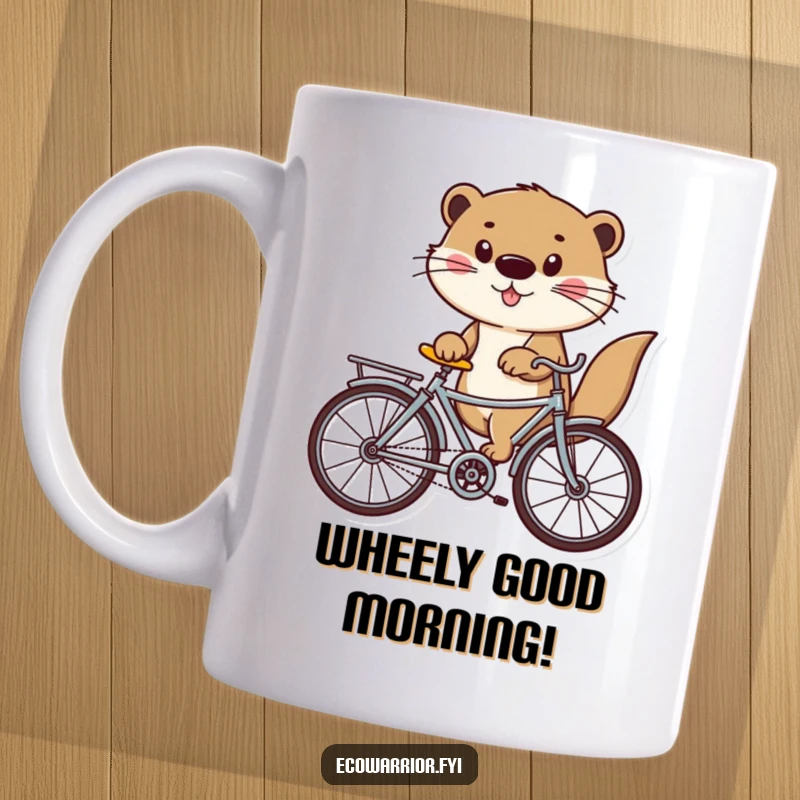 Funny otter character joyfully riding a bicycle constructed from recycled materials on a coffee mug, promoting eco-humor.