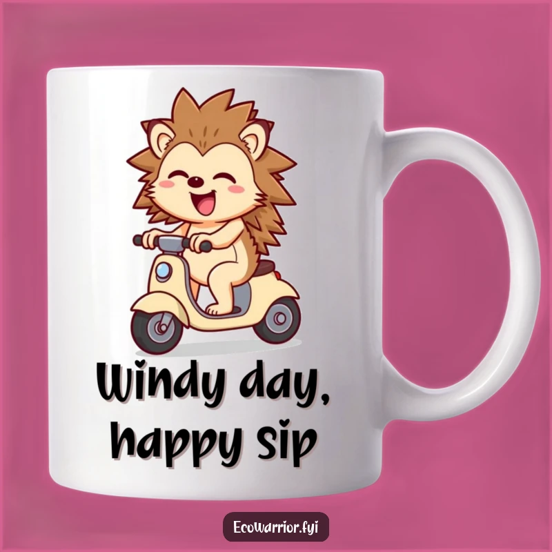 Funny Cheerful Hedgehog Scooter Mug: Joyful Wind-Powered Ride, Perfect Funny Gift