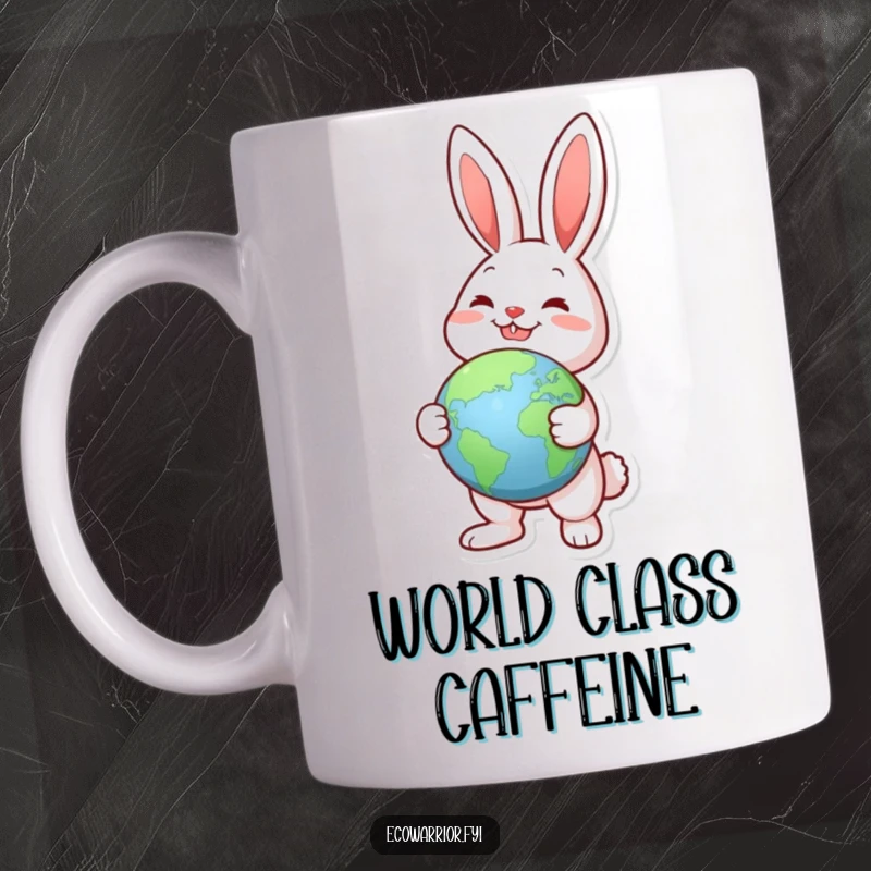 Funny Joyful Rabbit Globe Mug: A joyful rabbit holding a globe, pointing to a green landmass, perfect for travelers.