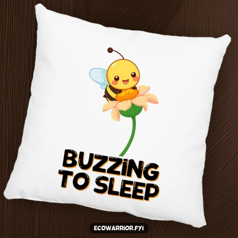 Funny pillow showcasing a happy bee character pollinating a vibrant wildflower, offering vibrant nature comfort and humor.