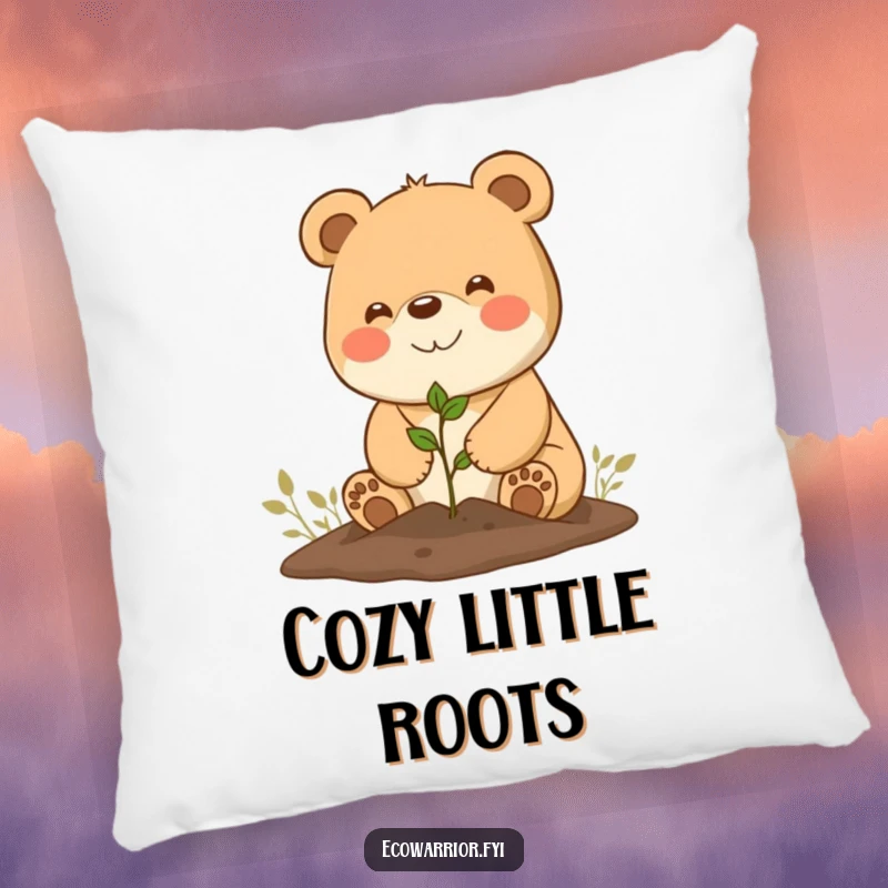 Funny Pillow: Soft and decorative happy bear planting a tiny seedling with a big, beaming smile.