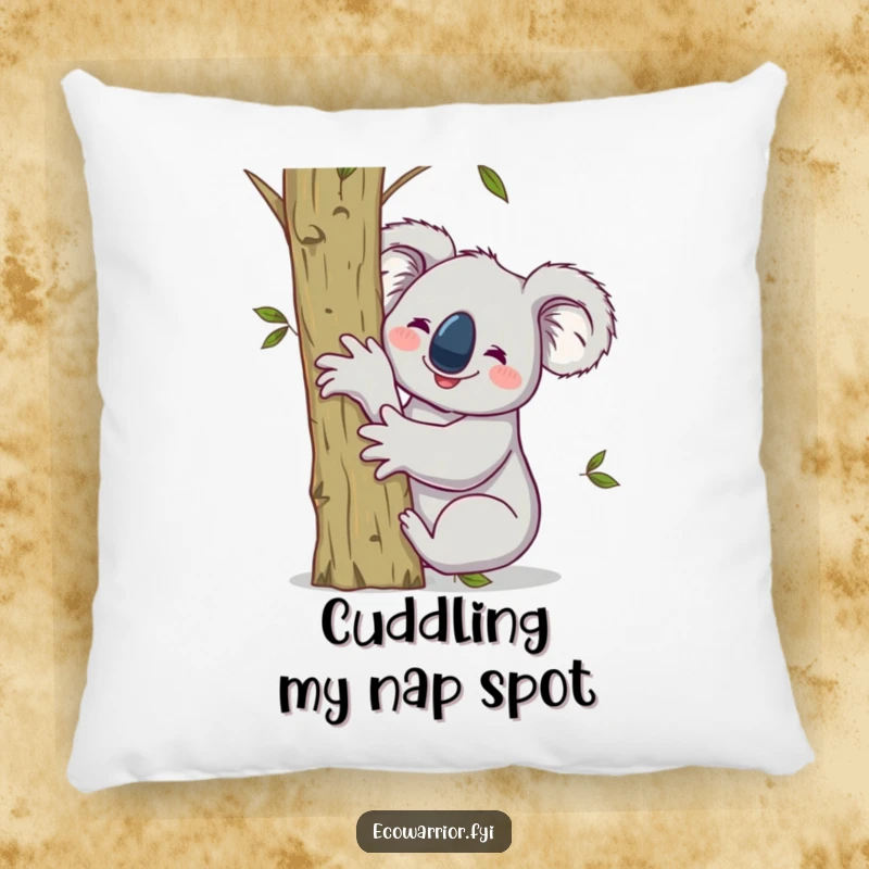 Funny pillow of a smiling koala hugging a sapling, raising one arm victoriously, offering cozy eco-comfort.