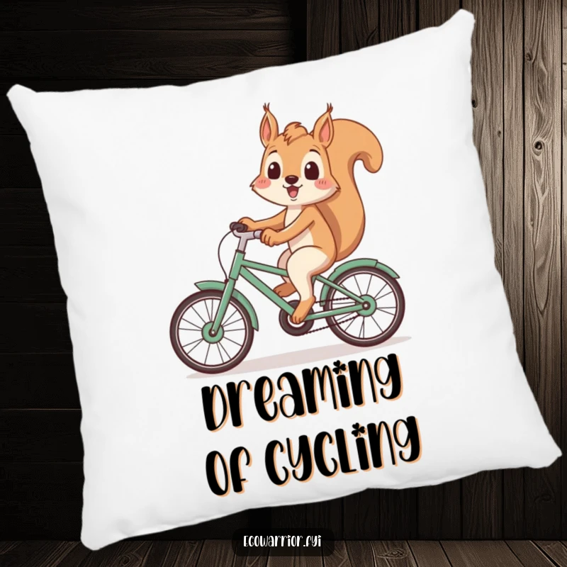 Funny Squirrel Pillow: Playful squirrel smiling on a recycled bicycle, a cute and comfy eco funny gift.
