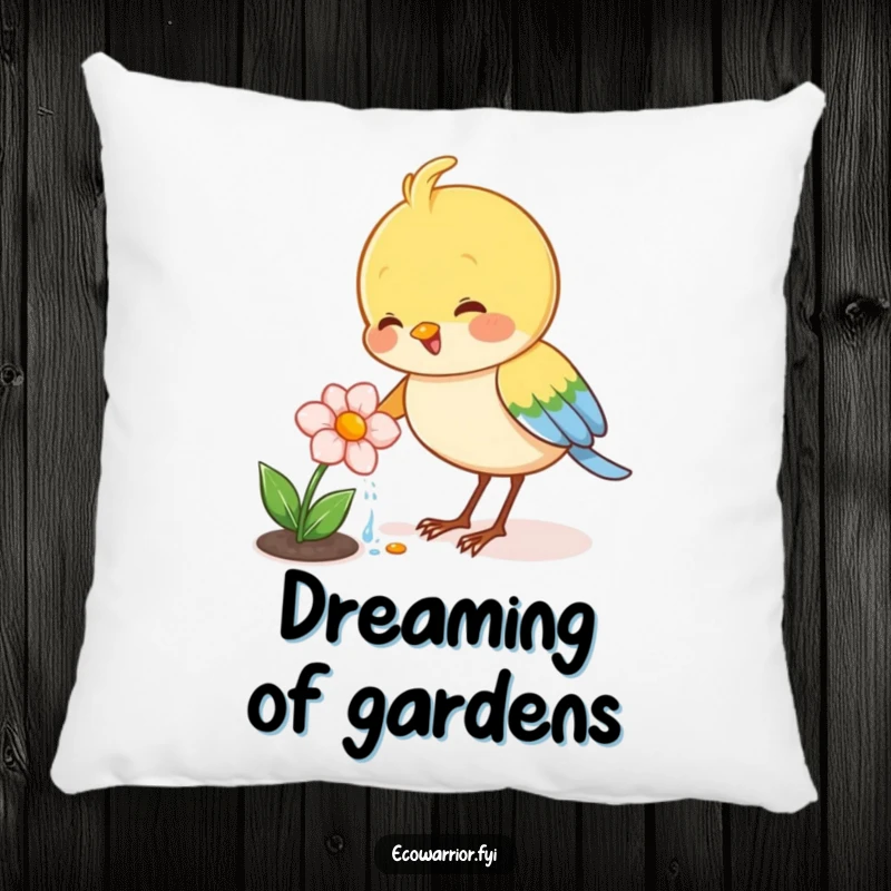 Funny pillow featuring a joyful bird character watering a tiny blooming flower, offering cozy humor and floral vibes.
