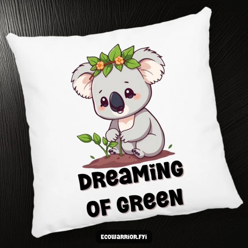 Funny Koala Pillow: Cute koala wearing a leaf crown determinedly planting a sapling, a cute and comfy eco funny gift.