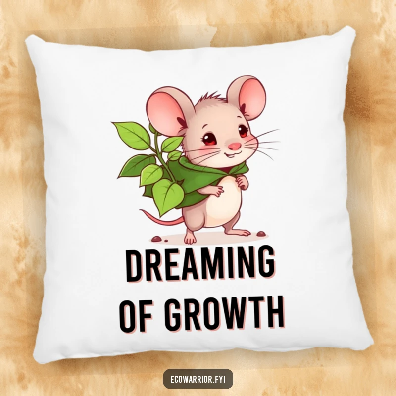 Funny mouse planter pillow, determined mouse with leaf cape carrying a large seedling. Soft and inspiring decor. Perfect.