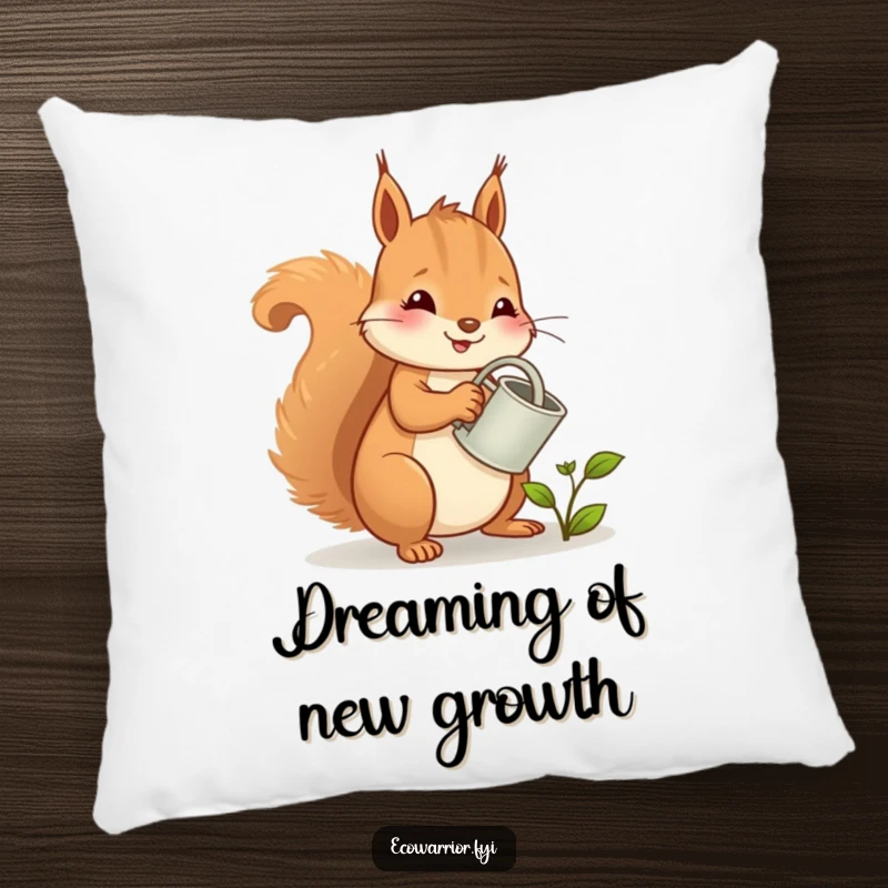 Funny squirrel pillow, a cheerful gardener squirrel with a watering can nurturing a sprout, adding comfort and humor.