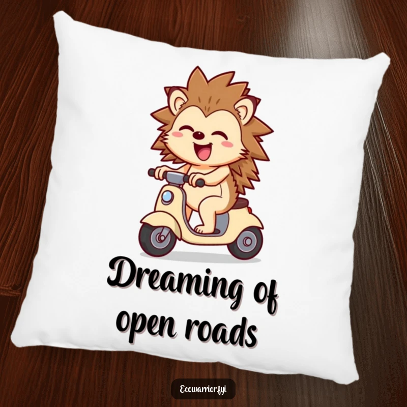Funny Cheerful Hedgehog Scooter Pillow: A soft pillow with a cheerful hedgehog riding a wind scooter, looking joyful and content.