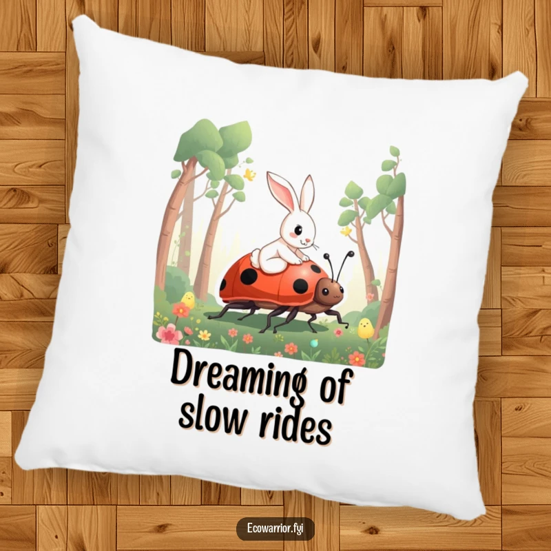 Funny Rabbit Ladybug Pillow with a curious rabbit riding a giant ladybug through a forest, offering cozy charm.