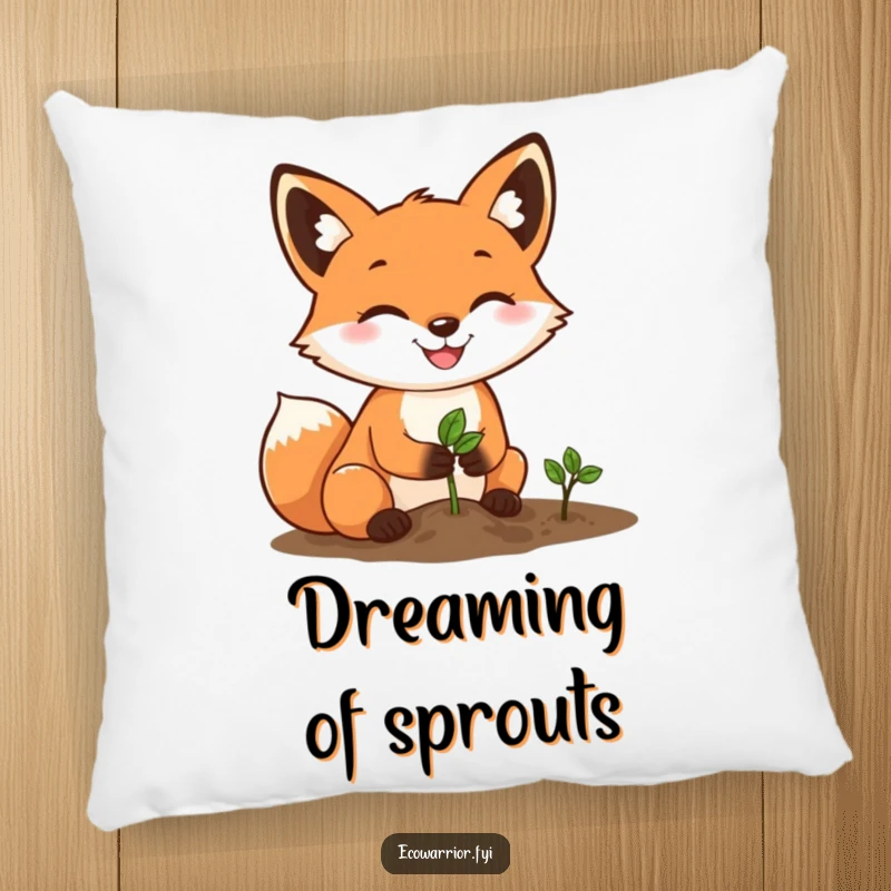 Funny Fox Gardener Pillow: A determined fox with a happy grin plants a tiny seed, offering soft comfort and decorative charm.