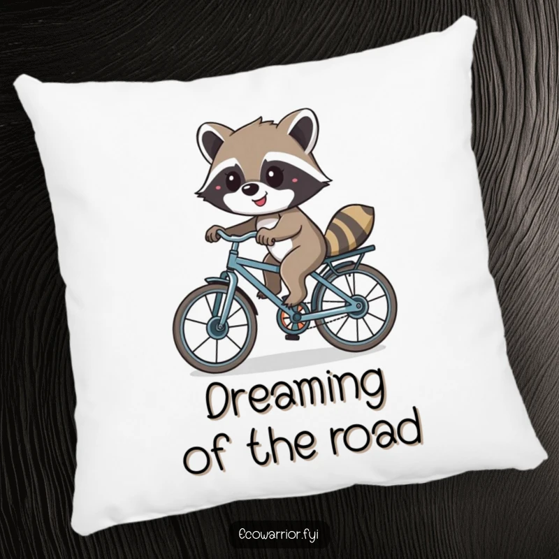Funny pillow with a smiling raccoon riding a bicycle made of recycled parts, bringing comfort and eco-conscious cheer.