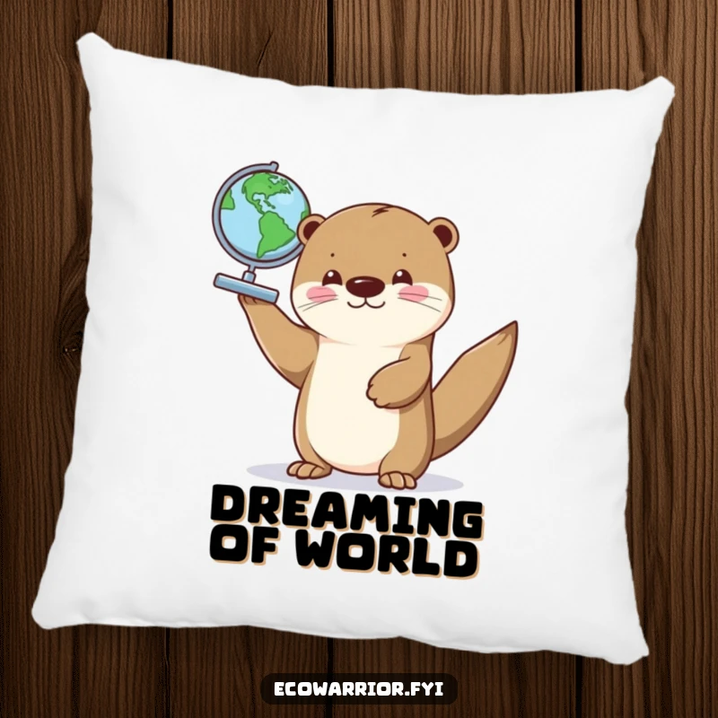 Funny pillow featuring a proud otter holding a small globe, offering comfort and a humorous, travel-inspired aesthetic.