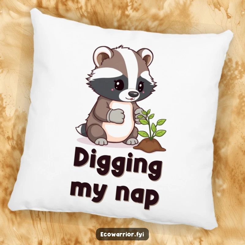 Funny pillow with a determined badger gardener in gloves, carefully nurturing a small sprout with love.