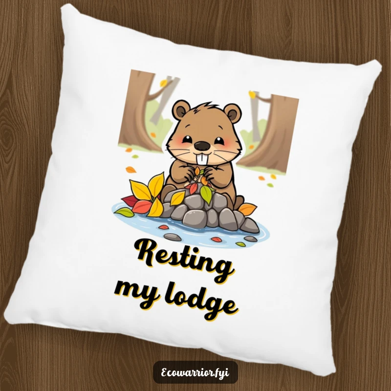Funny beaver character busily building a dam with colorful leaves, featured on a soft pillow for cozy decor.