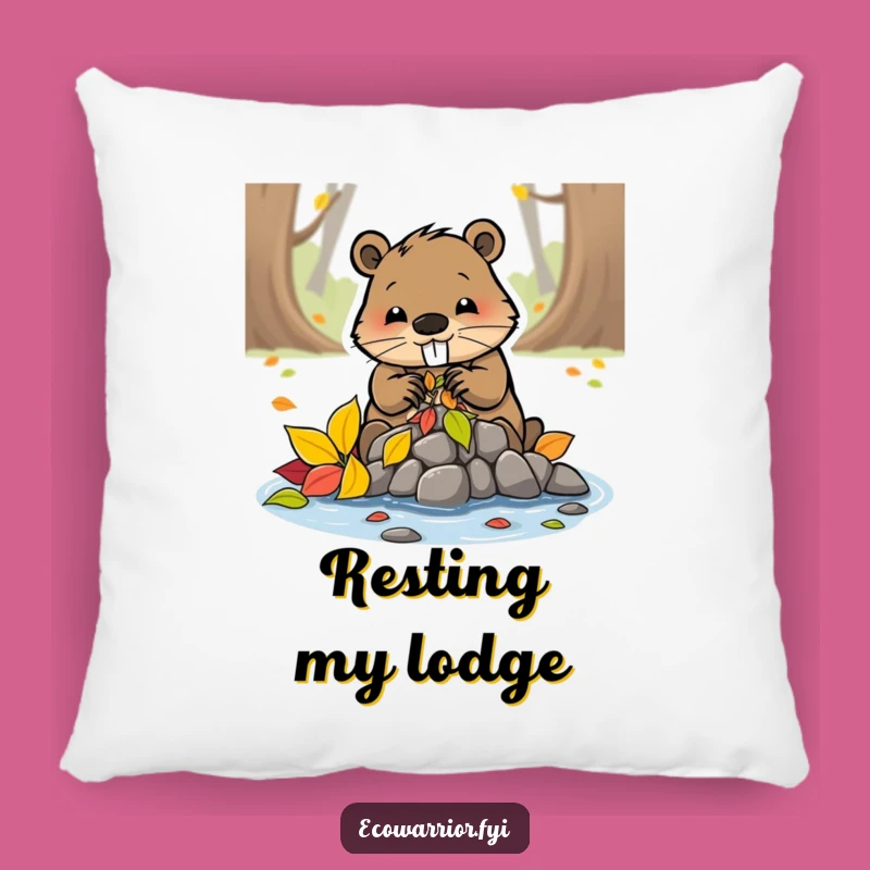 Funny Beaver Building Leaf Dam Pillow - Cozy Accent for Crafters