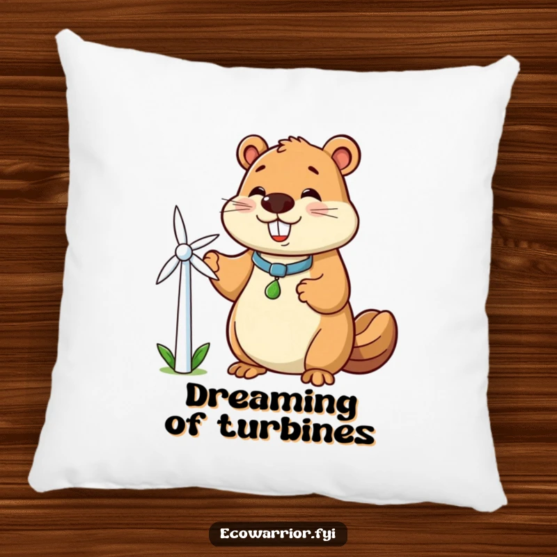 Funny beaver pillow with a smiling beaver character holding a small windmill, representing clean energy and eco-friendly comfort.