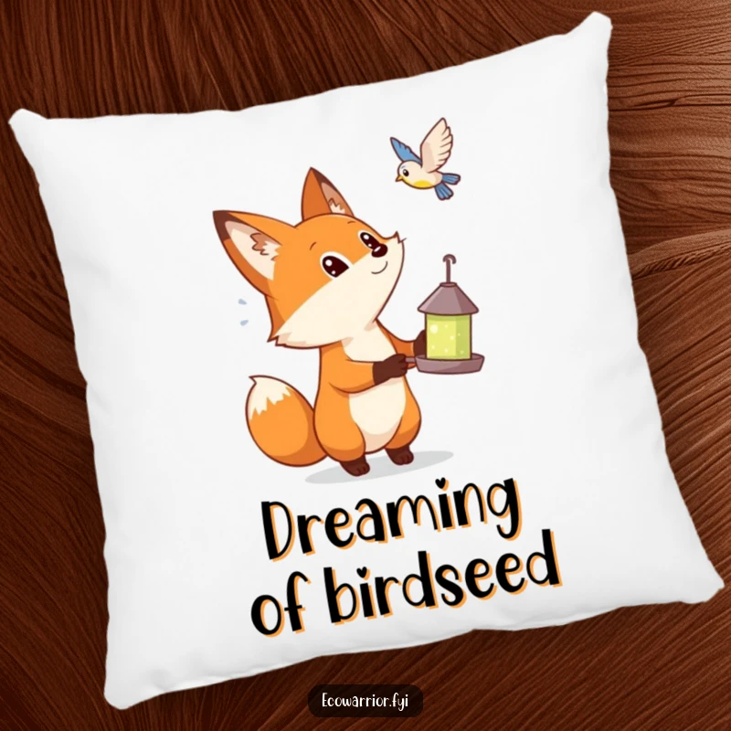 Funny pillow featuring a curious fox holding a bird feeder, gazing up at a bird with adorable wonder.