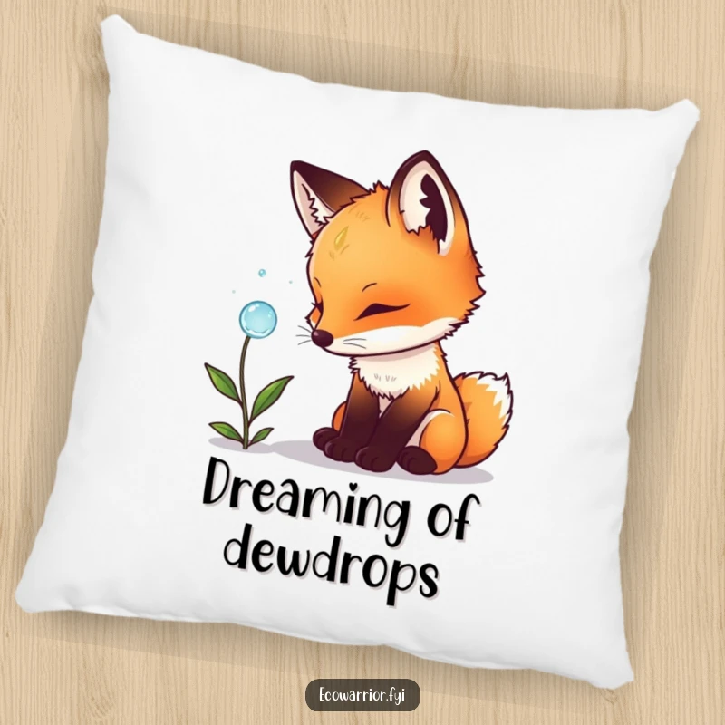 Funny fox cub pillow, showing a small cub examining a dewdrop on a plant, adding a touch of wonder to home decor.