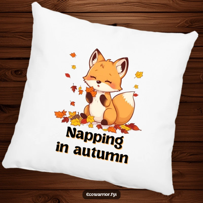 Funny Pillow with a cute fox energetically gathering colorful autumn leaves, ideal for cozy spaces.