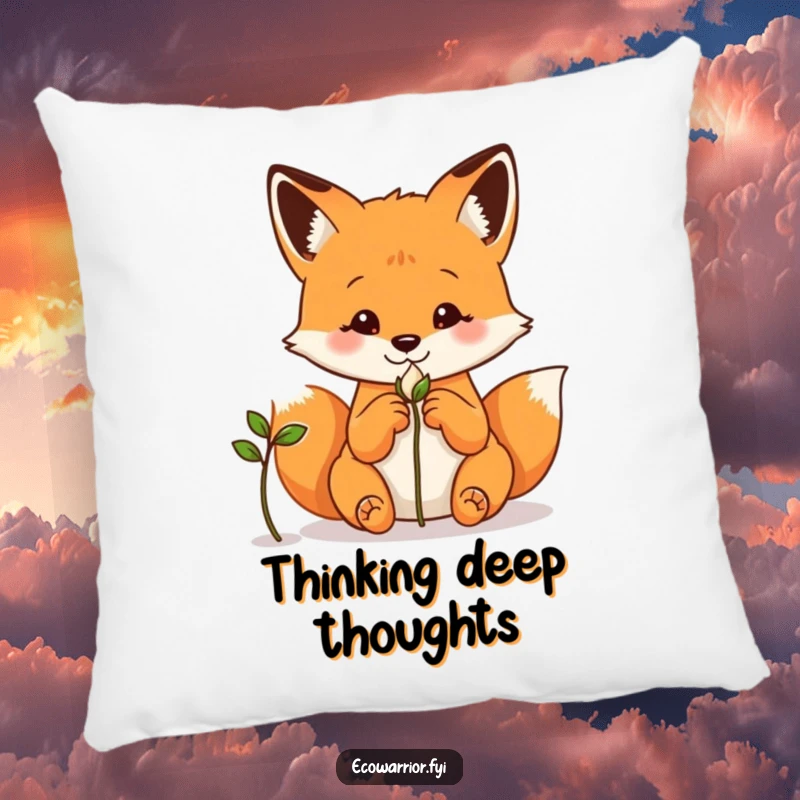 Funny fox pillow, hands behind its back, curiously watching a sprout grow, adding comfort and intrigue.