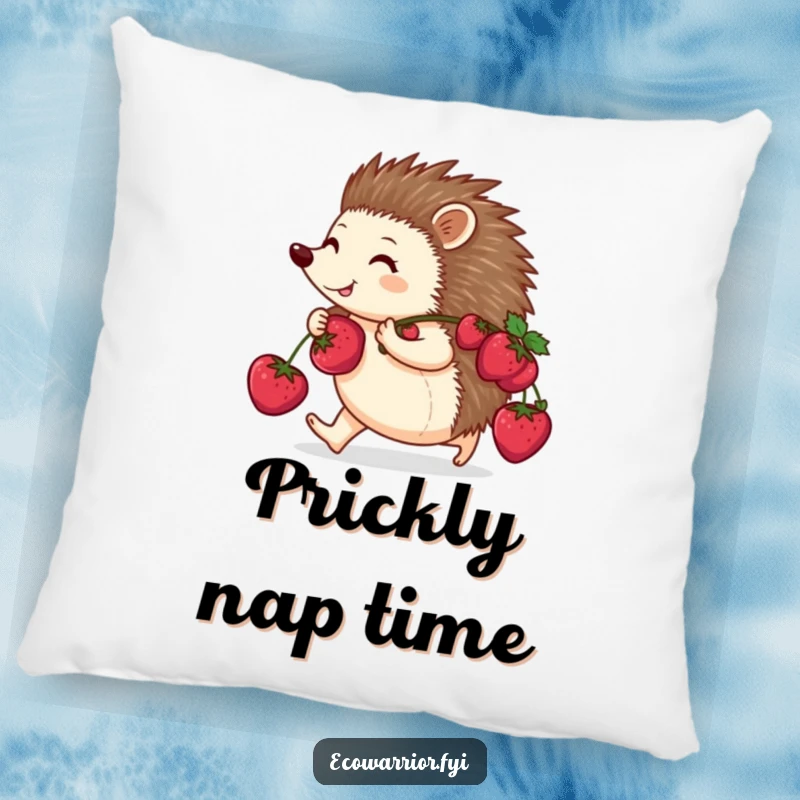 Funny pillow featuring a happy hedgehog purposefully walking with berries on its back, a soft and humorous accent for any room.