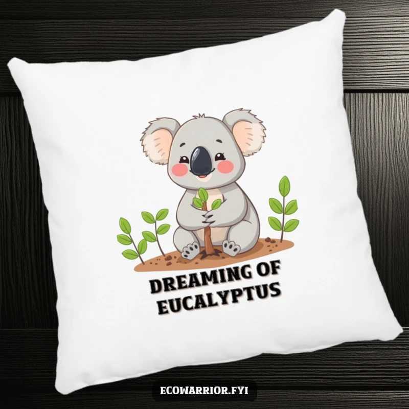 Funny Koala planting a tree with gentle hands, looking cheerful on a soft pillow, adding a cozy, eco-friendly touch.