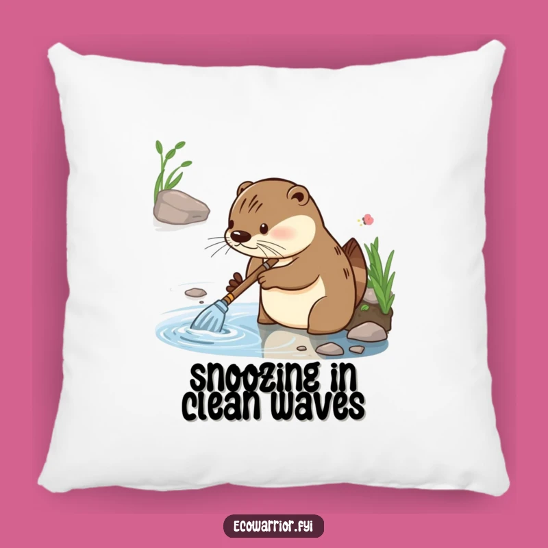 Funny Otter Cleaning Pillow: Diligent Riverbank Worker's Gleeful Comfort