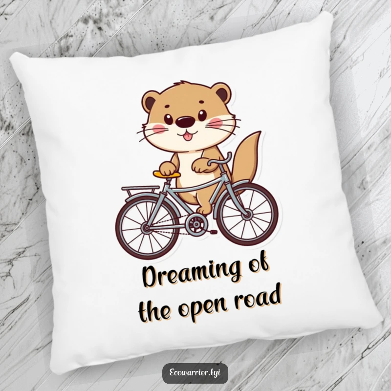 Funny otter character relaxing on a plush pillow, riding a recycled bicycle, perfect for cozying up with eco-humor.